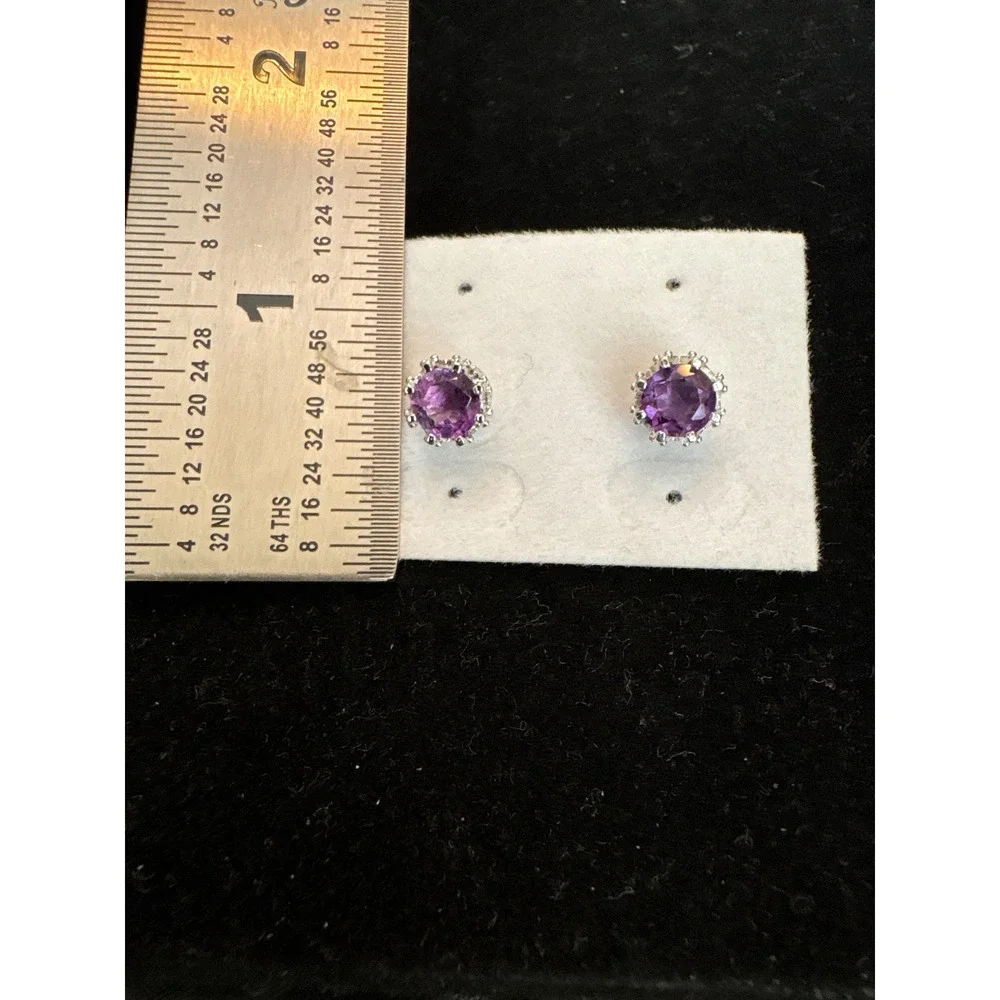 Purple Amethyst Round Stud Earrings Silver Crown Setting‎ February Birthstone